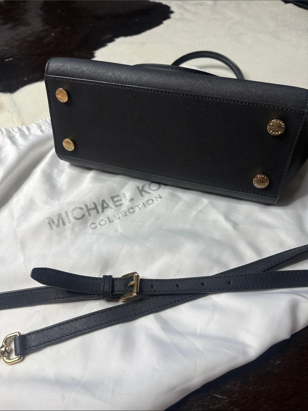 Michael Kors Selma Black Saffiano Leather Winged Satchel with Gold Hardware